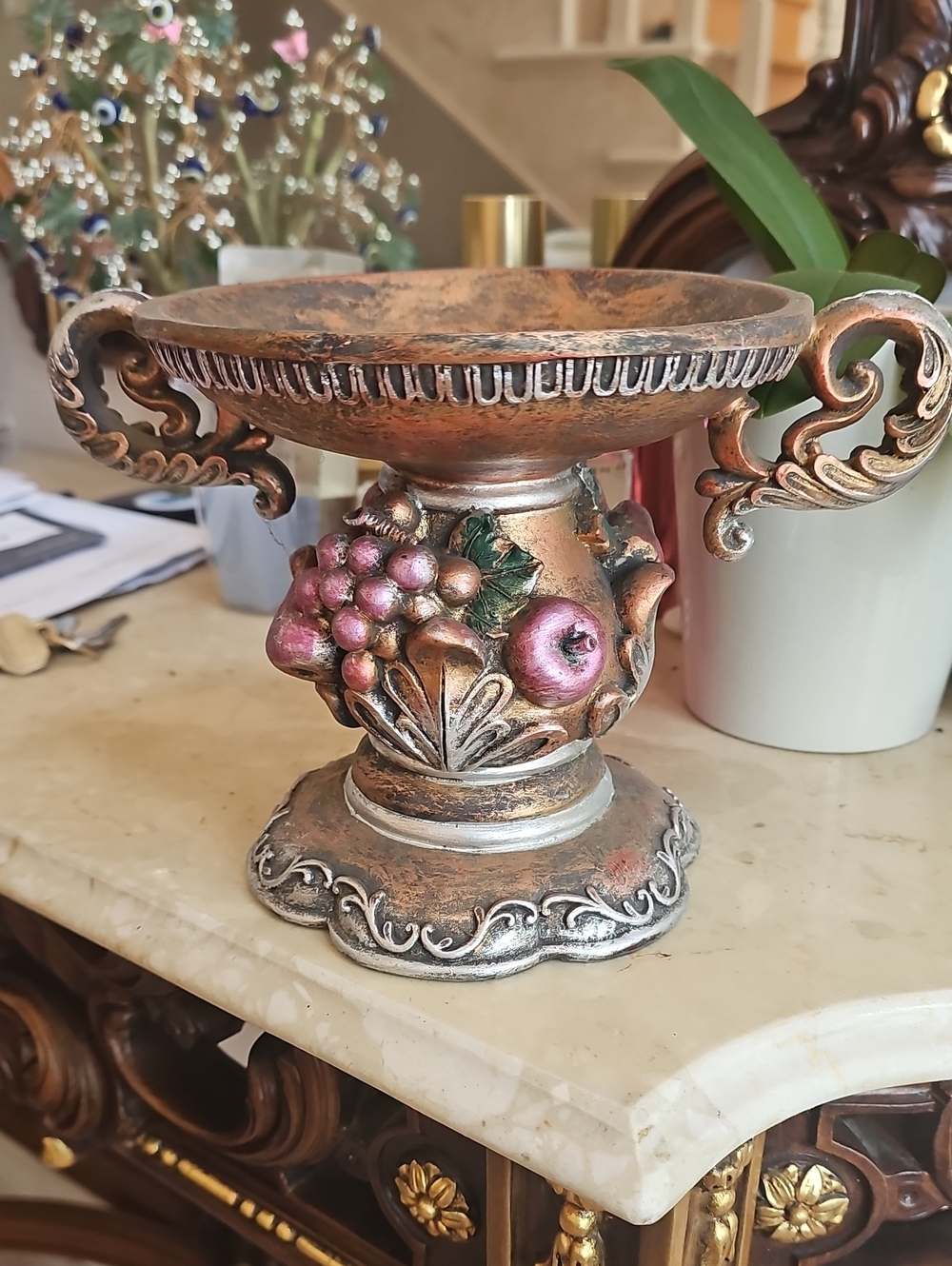 Decorative Metallic Fruit Urn - Pink Accents